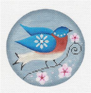 Round ~ Bluebird of the Month of April HP Needlepoint Canvas by Rebecca Wood~MAY NEED TO BE SPECIAL ORDERED