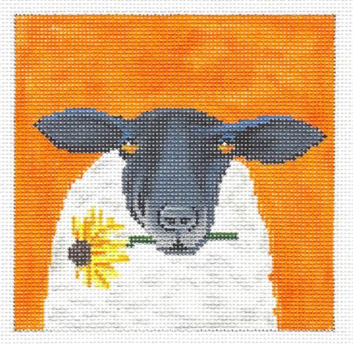 Animal Canvas ~ "Sheep Holding a Daisy" 4.75" Sq. handpainted Needlepoint canvas Scott Church