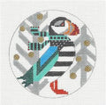 Bird ~ Puffin in the Birch Trees Wearing a Scarf handpainted 4" Rd. 18 Mesh Needlepoint Ornament by Melissa Prince