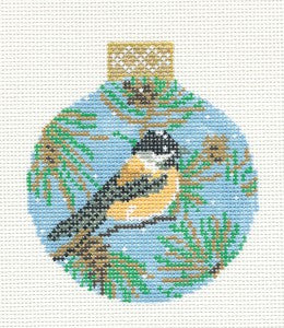 Bird Round ~ Chickadee Bird Ornament handpainted 3.25" Needlepoint Canvas Whimsy & grace