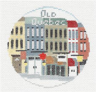 Travel Round ~ OLD QUEBEC CITY in QUEBEC, CANADA handpainted Needlepoint Canvas by Kathy Schenkel