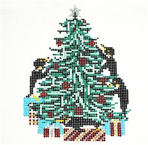 Tree Canvas ~ 4 Penguins Decorating Their Christmas Tree 18 Mesh Needlepoint Canvas by Needle Crossings
