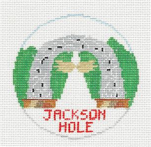 Travel Round ~ JACKSON HOLE, Wyoming ~ ELK ANTLERS ARCH Needlepoint Canvas by Kathy Schenkel RD.