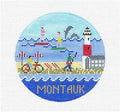 Travel Round ~ MONTAUK, Long Island NEW YORK  handpainted 18 Mesh Needlepoint 4" Rd. Ornament by Doolittle
