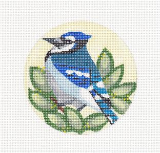 Bird Round ~ Blue Jay Bird in Springtime handpainted 4" Rd. Needlepoint Ornament by Melissa Prince