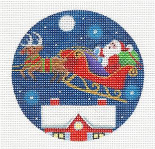 Christmas Round ~ Santa, Reindeer & Sleigh handpainted Needlepoint Canvas by Rebecca Wood