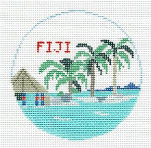 Travel Round ~ FIJI ISLAND handpainted 18 mesh 4" Rd. Needlepoint Canvas Ornament by Kathy Schenkel