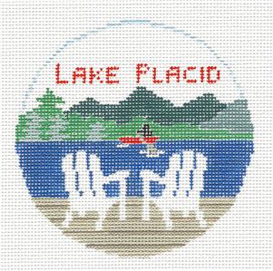 Travel Round ~ LAKE PLACID, NEW YORK handpainted Needlepoint Canvas Ornament by K. Schenkel RD.