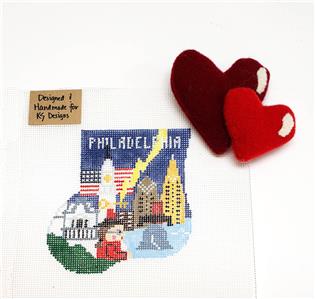 Canvas Set ~ PHILADELPHIA & 2 HEARTS SET  handpainted Needlepoint Ornament by Kathy Schenkel