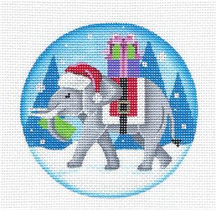 Christmas Round ~ Santa Elephant with Gifts 4" Rd. handpainted 18 Mesh Needlepoint Canvas by Pepperberry