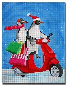 Penguins Canvas ~ Christmas Penguins on a Scooter handpainted Needlepoint Canvas by Scott Church