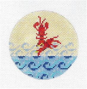 Kelly Clark ~ Two Lobsters in the Waves handpainted 3" Round Needlepoint Canvas by Kelly Clark