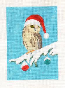 Bird Canvas ~ "Christmas Owl in Santa Hat" handpainted Needlepoint Canvas & STITCH GUIDE by Scott Church