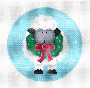 Round ~ Christmas Lamb with Wreath handpainted Needlepoint Ornament by Pepperberry
