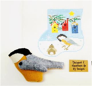 CHICKADEE & CANVAS SET ~ HP Needlepoint Mini Stocking Ornament & BIRD by Kathy Schenkel
