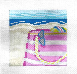 Seaside Canvas ~ Beach Bag on the Sand 3" Sq. Insert handpainted Needlepoint Canvas Needle Crossings