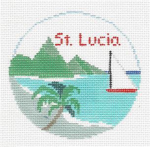 Travel Round ~ Island of ST. LUCIA handpainted 4" Needlepoint Canvas by Kathy Schenkel