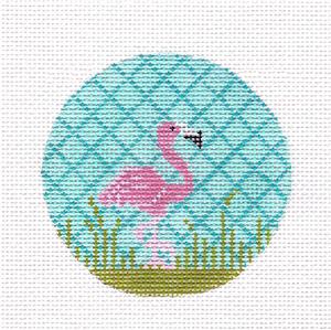 Kelly Clark ~ Pink Flamingo handpainted 3" Round Needlepoint Ornament Canvas by Kelly Clark