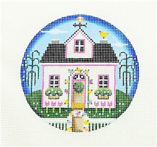 Round ~ Spring Cottage 4" Rd. 18 mesh handpainted Needlepoint Ornament Canvas by Rebecca Wood