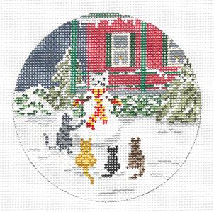 Cat Round ~ Four Cats Building a Snowman Cat,  4" Rd. handpainted 18 mesh Needlepoint Canvas Needle Crossings