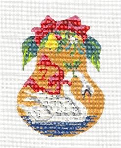 Kelly Clark Christmas Pear ~ 7 Swans Swimming & STITCH GUIDE 18 mesh handpainted Needlepoint Ornament by Kelly Clark