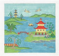 Oriental Canvas ~ Japanese Inlet & Temples 6" SQ. handpainted 18 Mesh Needlepoint Canvas by Susan Roberts