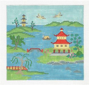 Oriental Canvas ~ Japanese Inlet & Temples 6" SQ. handpainted 18 Mesh Needlepoint Canvas by Susan Roberts