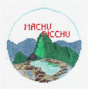 Travel Round ~ MACHU PICCHU, PERU  South America handpainted Needlepoint Ornament Canvas by Kathy Schenkel