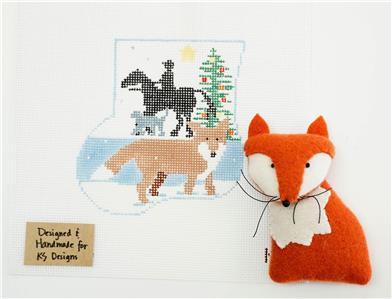 Canvas SET ~ Felt RED FOX & CANVAS SET handpainted Needlepoint Mini Stocking Ornament & FOX by Kathy Schenkel