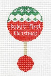 Baby Canvas ~ Baby's First Christmas Rattle handpainted Needlepoint Canvas Kathy Schenkel