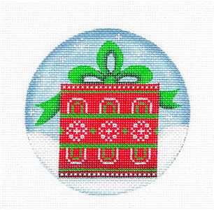 Christmas Round ~ The PRESENT gift wrapped handpainted Needlepoint Canvas by Rebecca Wood