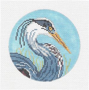 Bird Round ~ Great Blue Heron 18 mesh handpainted  4" Rd. Needlepoint Canvas by Needle Crossings
