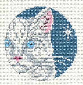 Cat Round ~ White Persian Cat Face 4" Ornament HP 13 mesh Needlepoint Canvas by Needle Crossings