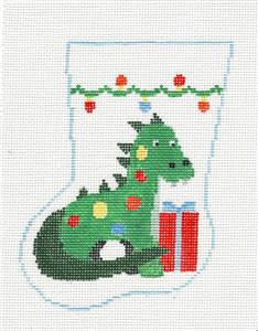 Dragon Mini Stocking ~ Green Dragon with Gift Mini Stocking Ornament handpainted Needlepoint Canvas by Kathy Schenkel