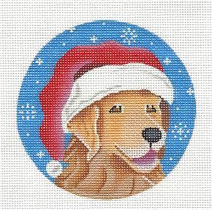 Dog ~ Golden Retriever Dog in a Christmas Santa Hat 4" Rd. handpainted 18 Mesh Needlepoint Ornament by Pepperberry