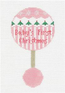 Baby Canvas ~ Baby Girl First Christmas Pink Rattle HP 18 mesh Needlepoint Canvas Kathy Schenkel