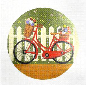 Round ~ Fairy Flower Bicycle by the Fence handpainted 4" Needlepoint Canvas from Painted Pony