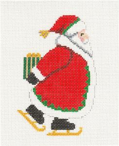 Christmas ~ Santa on Ice Skates Delivering a Gift handpainted Needlepoint Canvas by Susan Roberts