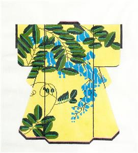 Kimono ~ Blue Blossoms on Yellow LG. Japanese Kimono 18m handpaint Needlepoint Canvas LEE