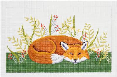 Fox Canvas ~ Sleeping Red Fox in a Meadow handpainted 13 mesh LG. Needlepoint Canvas by Susan Roberts