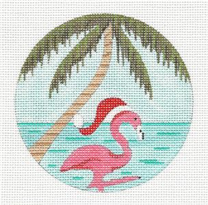 Tropical Round ~ "Flamingo in a Santa Hat" Seaside handpainted Needlepoint Canvas by Purple Palm