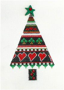Christmas Tree ~ Scandinavian Hearts LOVE Christmas Tree & EMBELLISHMENT handpainted Needlepoint Ornament by Mindy