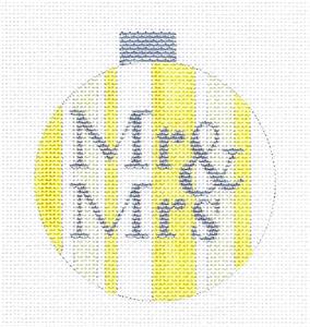 Wedding Round ~ "Mr. & Mrs." Yellow & Silver Wedding and Anniversary 3.5" handpainted Needlepoint Ornament Ray. Crawford