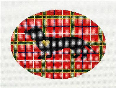 Dog Oval ~ DACHSHUND Dog on Plaid handpainted Needlepoint Ornament Canvas by Pepperberry