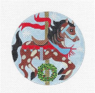 4" Round ~ Christmas Carousel Horse handpainted 4" Rd. 18 mesh Needlepoint Ornament Melissa Prince