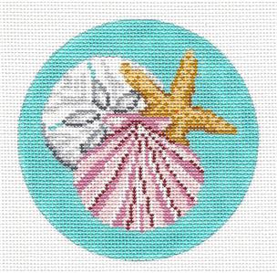 Seaside Round ~ Seashell, Starfish & Sand Dollar handpainted 4" Needlepoint Canvas by Needle Crossings