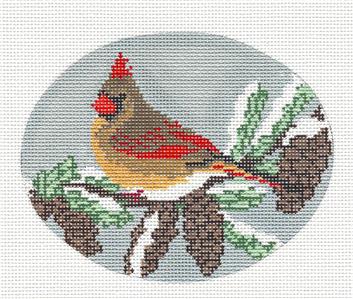 Bird Oval ~ "Female Cardinal in a Pine Tree with Pine Cones" handpainted Needlepoint Canvas by Liora Manne
