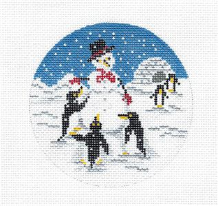 Bird Round ~ Penguins Building a Snowman handpainted 4" Needlepoint Canvas by Needle Crossings