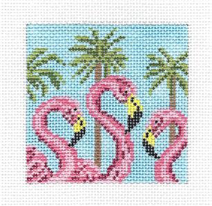 Bird Canvas ~ 3 Flamingos & Palm Trees 3" Sq. handpainted 18 Mesh Needlepoint Canvas by Needle Crossings