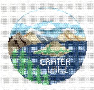 Travel Round ~ CRATER LAKE NATIONAL PARK in OREGON handpainted Needlepoint Canvas by Kathy Schenkel